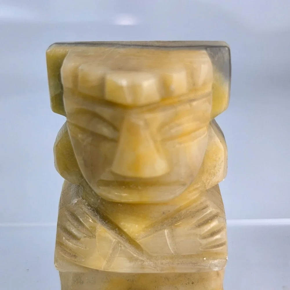 Vintage Mexican Onyx Carved Aztec Mayan Seated Figure Statue Green Banded Stone - Picture 2 of 8